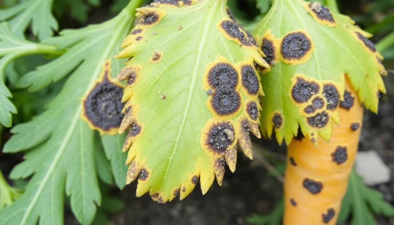 Hojas de zanahoria con manchas oscuras causadas por Alternaria