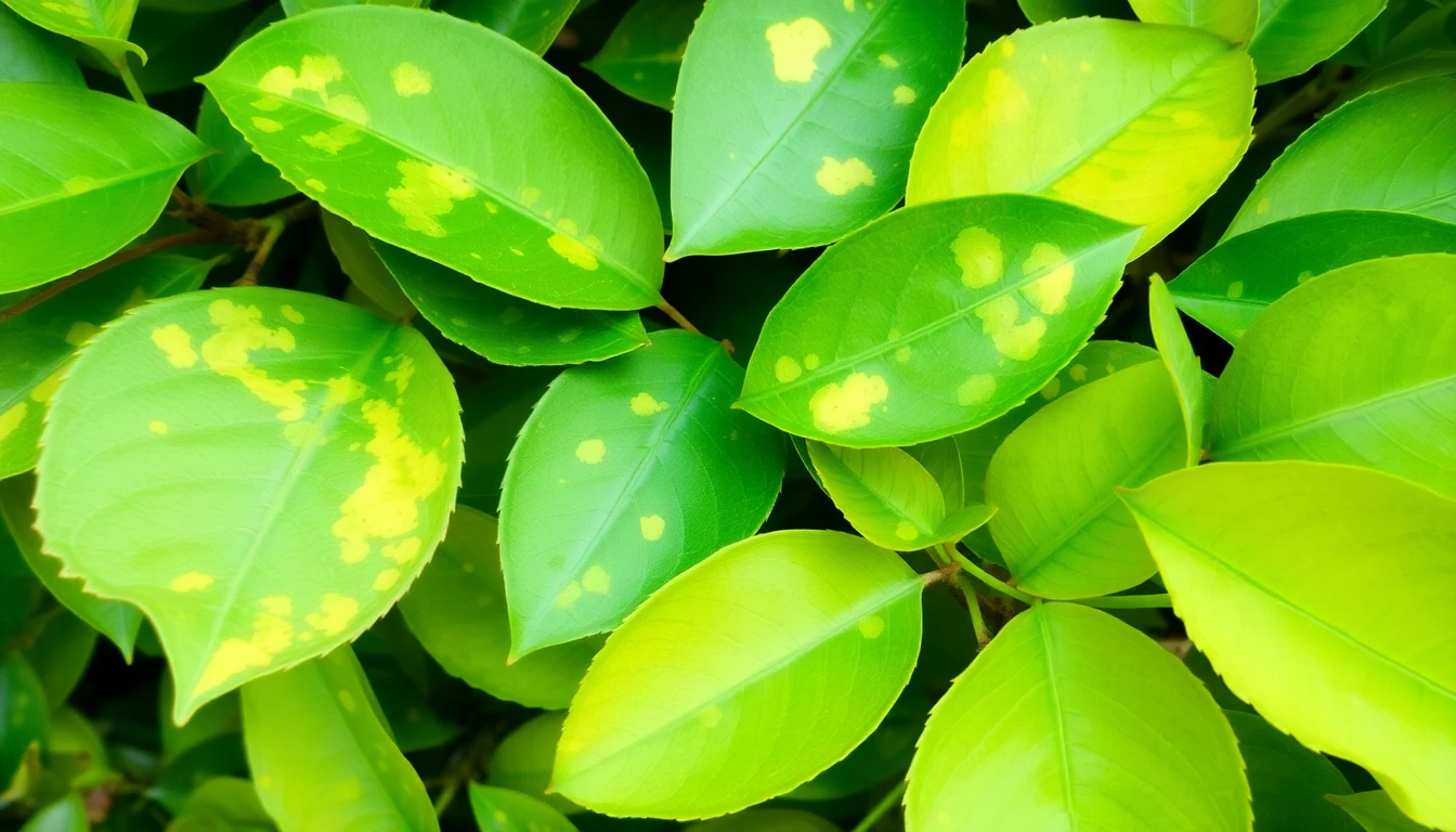 Hojas de limonero con amarilleamiento característico de la clorosis férrica